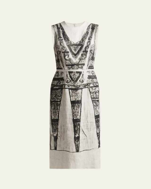 Printed Sleeveless Midi Pencil Linen Dress